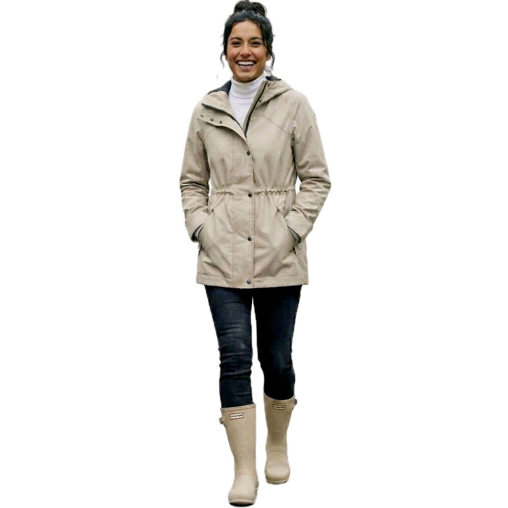 Hunter Womens L Rubberized Cotton Smock Hooded Rain Jacket Adjustable Almond Tan
